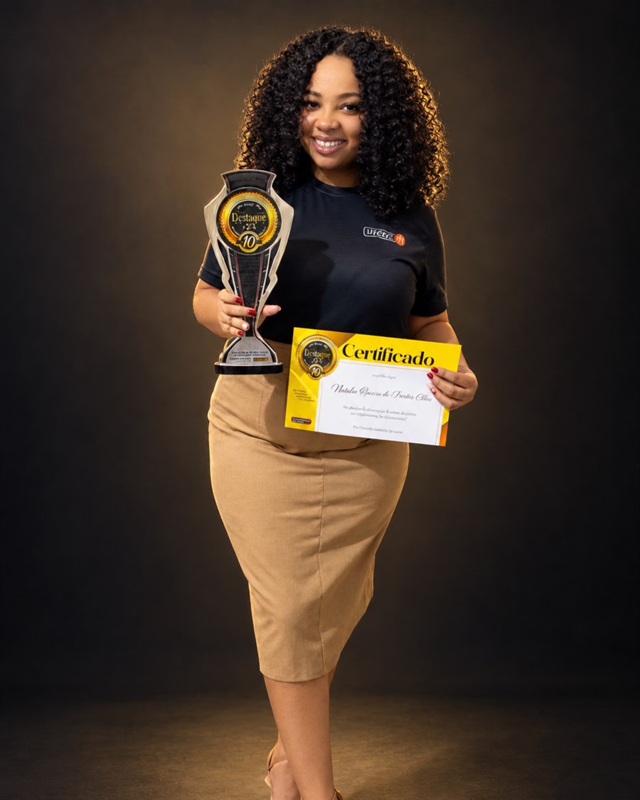 Natalia Pereira sorrindo com seu troféu e certificado
